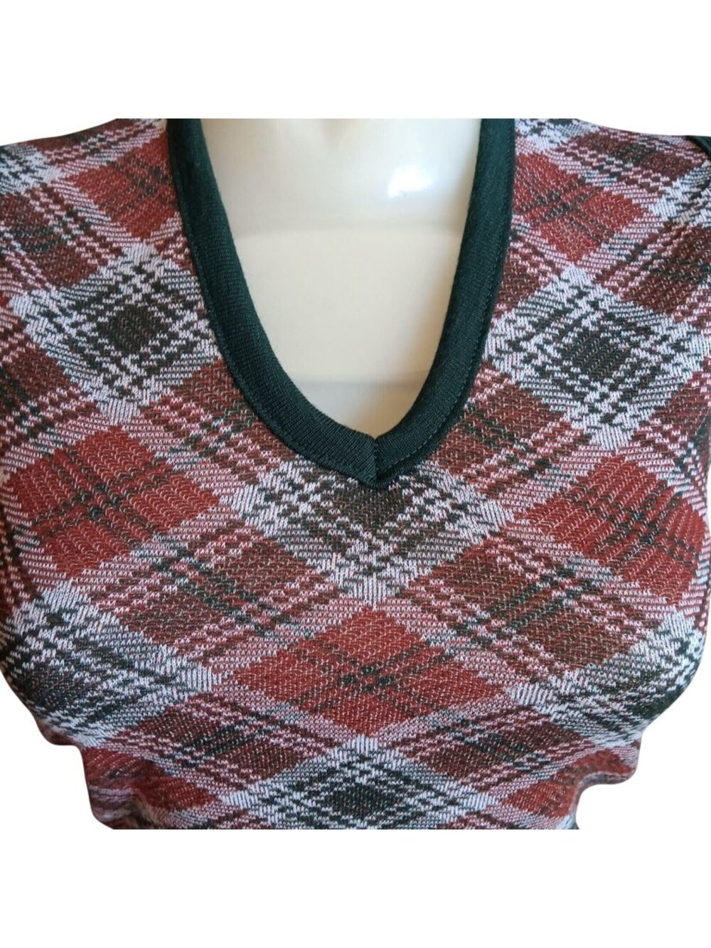 XS Vintage Sweater Vest Top Argyle Cropped Knit Sleeveless Pullover Green Trim